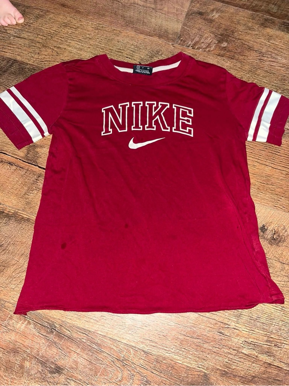 Nike Red Short Sleeve Tee with White Sleeve Stripes and Logo